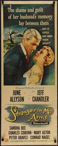 7r0730 STRANGER IN MY ARMS insert 1959 close up of Jeff Chandler grabbing pretty June Allyson!