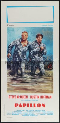 7r0654 PAPILLON Italian locandina R1970s art of prisoners Steve McQueen & Dustin Hoffman by Tom Jung!