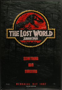 7r0489 JURASSIC PARK 2 teaser DS 1sh 1997 Spielberg, classic logo with T-Rex over red background!