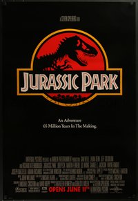 7r0488 JURASSIC PARK advance 1sh 1993 Steven Spielberg, classic logo with T-Rex over red background!