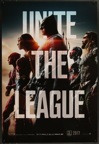 7r0490 JUSTICE LEAGUE teaser DS 1sh 2017 group profile of Gadot as Wonder Woman, Momoa, top cast!