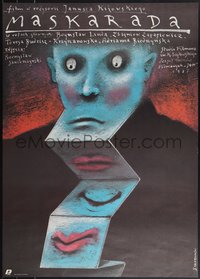 7r0299 MASKARADA Polish 26x37 1987 bizarre Pagowski art of man with many mouths!