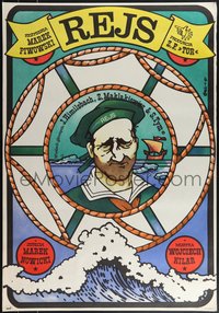 7r0309 TRIP DOWN THE RIVER Polish 27x38 R1981 artwork of sailor, boat and life ring by Jacob Erol!