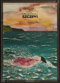 7r0313 JAWS Polish 23x32 1976 Spielberg, different Dudzinski art of shark fin in bloody water!