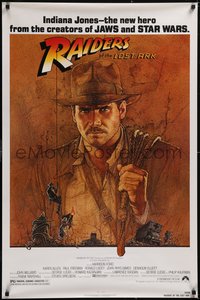 7r0556 RAIDERS OF THE LOST ARK 1sh 1981 great art of adventurer Harrison Ford by Richard Amsel!