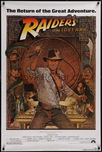 7r0555 RAIDERS OF THE LOST ARK 1sh R1982 great Richard Amsel art of adventurer Harrison Ford!