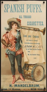 7r0767 SPANISH PUFFS 12x23 advertising poster 1920s woman playing a bugle over drum, ultra rare!