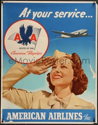 7r0759 AMERICAN AIRLINES 22x28 travel poster 1940s stewardess saluting, at your serive, ultra rare!