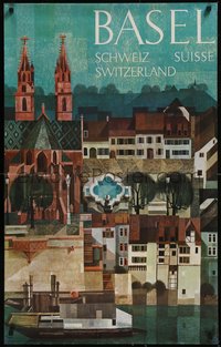 7r0175 BASEL SWITZERLAND 25x40 Swiss travel poster 1960s wonderful Schneider art of village, rare!