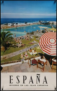 7r0177 ESPANA 24x39 Spanish travel poster 1960s folks lounging around pool, Puerto de la Cruz, rare!