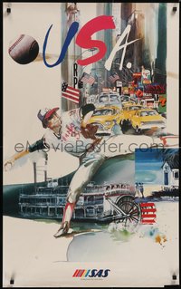 7r0190 SAS USA 25x39 Danish travel poster 1992 sports art by Andre Prah, ultra rare!