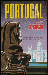 7r0191 TWA PORTUGAL 25x40 travel poster 1960s Monastery of Belem, silhouette art of jet aircraft!