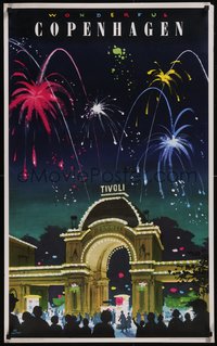 7r0196 WONDERFUL COPENHAGEN 24x39 Danish travel poster 1963 Des Asmussen, fireworks, ultra rare!