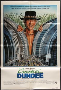 7s0297 LOT OF 8 FOLDED CROCODILE DUNDEE ONE-SHEETS 1986 great Daniel Goozee art of Paul Hogan!