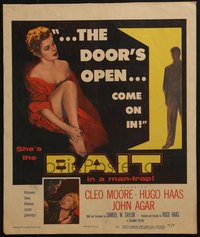 7s0140 LOT OF 5 BAIT WINDOW CARDS 1954 sexy man-trap Cleo Moore's kisses cost plenty!