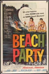 7t0765 BEACH PARTY 1sh 1963 Frankie Avalon & Annette Funicello riding a wave on surf boards!