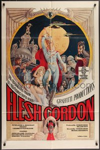 7t0866 FLESH GORDON 1sh 1974 sexy sci-fi spoof, wacky erotic super hero art by George Barr!