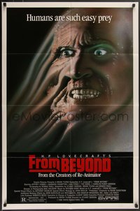 7t0881 FROM BEYOND 1sh 1986 H.P. Lovecraft, wild sci-fi horror image, humans are such easy prey!