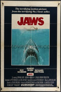 7t0922 JAWS 1sh 1975 art of Spielberg's classic man-eating shark attacking naked swimmer!