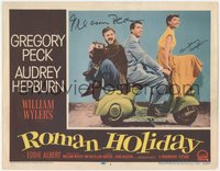 7t0064 ROMAN HOLIDAY signed LC #1 1953 by BOTH Gregory Peck AND Audrey Hepburn, riding on Vespa!