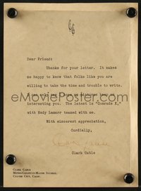 7t0186 CLARK GABLE signed letter 1940 on his stationery, making Comrade X with Hedy Lamarr!