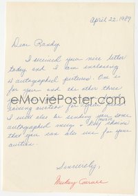 7t0187 MICKEY CARROLL signed letter 1989 telling fan he would donate several items for charity!