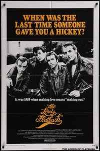 7t0947 LORDS OF FLATBUSH 1sh 1974 cool portrait of Fonzie, Rocky, & Perry as greasers in leather!