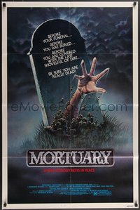 7t0971 MORTUARY 1sh 1983 Satanic cult, cool art of hand reaching up from grave by tombstone!