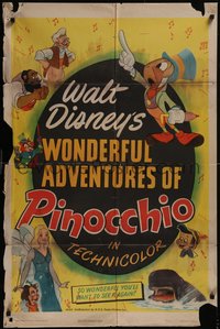 7t1010 PINOCCHIO 1sh R1945 Disney classic cartoon about a wooden boy who wants to be real, rare!