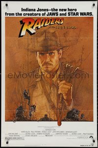 7t1028 RAIDERS OF THE LOST ARK 1sh 1981 Steven Spielberg, great Richard Amsel art of Harrison Ford!