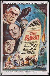 7t1030 RAVEN 1sh 1963 art of Boris Karloff, Vincent Price & Peter Lorre by Reynold Brown!