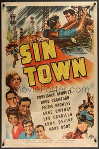 7t1075 SIN TOWN 1sh 1942 Constance Bennett, Broderick Crawford, art of men fighting!