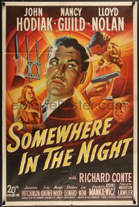 7t1088 SOMEWHERE IN THE NIGHT 1sh 1946 amnesiac John Hodiak, Nancy Guild, cool noir art montage!