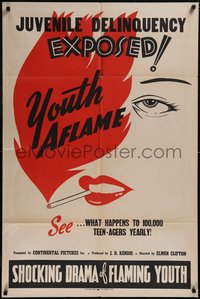 7t1162 YOUTH AFLAME 1sh 1945 sexy bad girl with gun, juvenile delinquency exposed, rare!