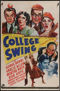 7w0487 COLLEGE SWING 1sh 1938 great art of George Burns & Gracie, w/wacky Martha Raye & Bob Hope!