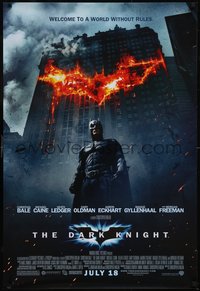 7w0491 DARK KNIGHT advance DS 1sh 2008 Christian Bale as Batman in front of burning bat symbol!