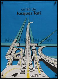 7w0376 TRAFFIC French 23x31 1971 Jacques Tati as Mr. Hulot, art of title as congested highways!