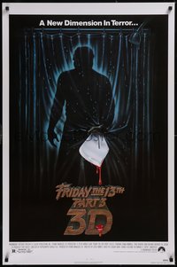 7w0514 FRIDAY THE 13th PART 3 - 3D 1sh 1982 slasher sequel, art of Jason stabbing through shower!