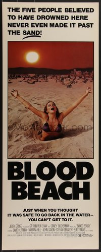 7w0184 BLOOD BEACH insert 1981 Jaws parody tagline, image of sexy girl in bikini sinking in sand!