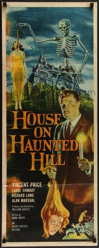 7w0204 HOUSE ON HAUNTED HILL insert 1959 classic art of Vincent Price & skeleton hanging girl!