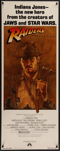 7w0219 RAIDERS OF THE LOST ARK int'l insert 1981 art of adventurer Harrison Ford by Richard Amsel!