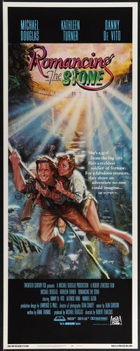 7w0223 ROMANCING THE STONE int'l insert 1984 Zemeckis, art of Michael Douglas & Kathleen Turner!