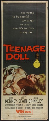 7w0236 TEENAGE DOLL insert 1957 art of sexy tempted & tarnished bad girl violently thrown aside!