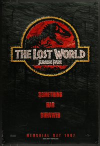 7w0559 JURASSIC PARK 2 teaser DS 1sh 1997 Spielberg, classic logo with T-Rex over red background!