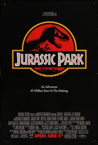 7w0558 JURASSIC PARK advance 1sh 1993 Steven Spielberg, classic logo with T-Rex over red background!