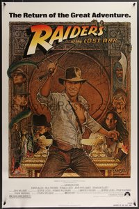 7w0632 RAIDERS OF THE LOST ARK 1sh R1982 great Richard Amsel art of adventurer Harrison Ford!