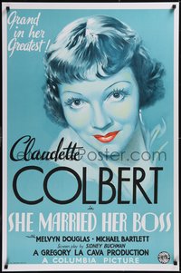 7w0321 SHE MARRIED HER BOSS S2 poster 2001 best blue deco art of Claudette Colbert with red lips!