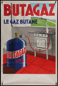 7w0121 BUTAGAZ 32x47 French advertising 1946 Mory art of butane gas tank by stove, ultra rare!