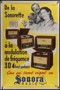 7w0126 SONORA RADIO & TELEVISION 31x47 French advertising poster 1950s happy family, ultra rare!