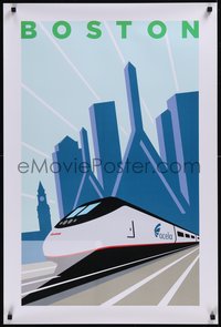 7w0415 AMTRAK BOSTON 24x36 travel poster 2004 art of the Acela train and Boston skyline, ultra rare!